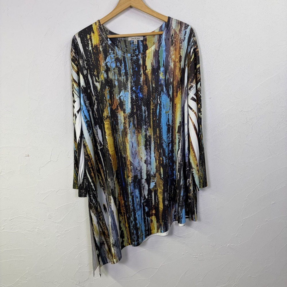 Jess & Jane Tunic Top Women 3X Abstract Asymmetrical Hem Art To Wear